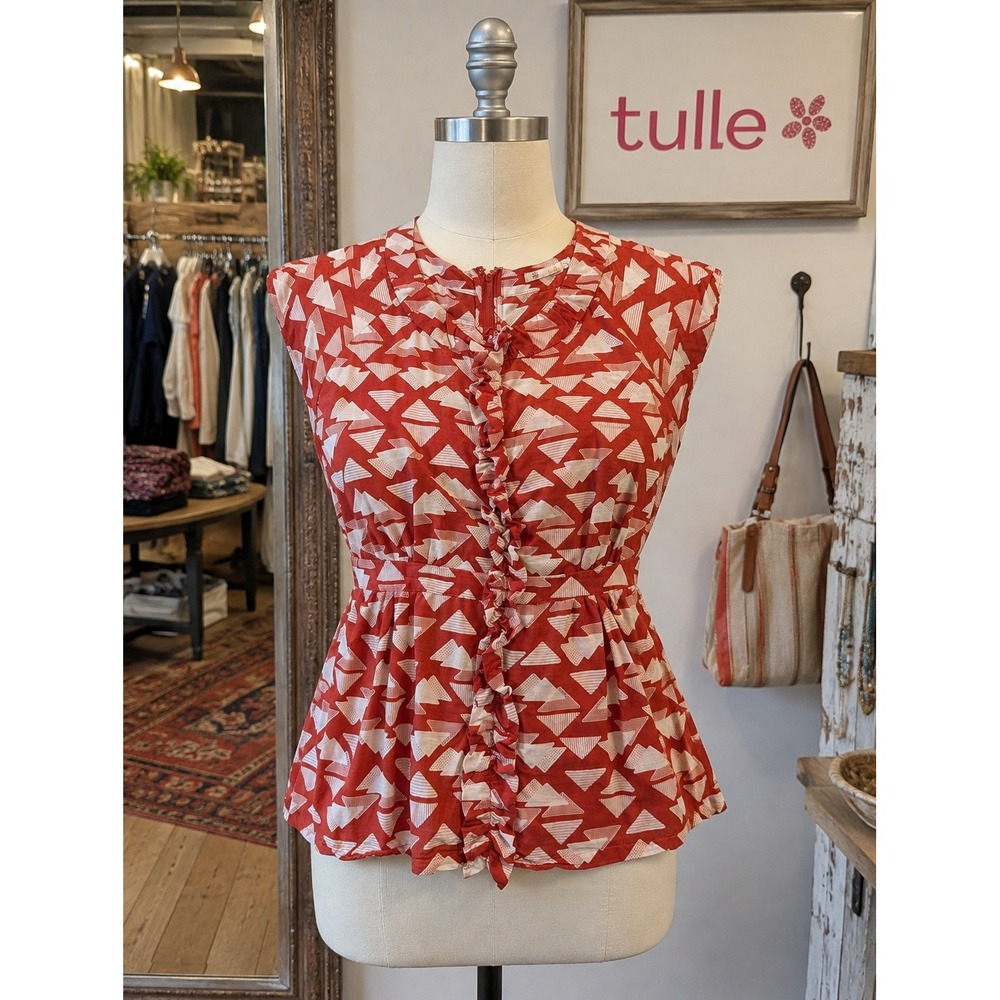 Tulle Red Cotton Silk Geometric Ruffle Twee Blouse XL